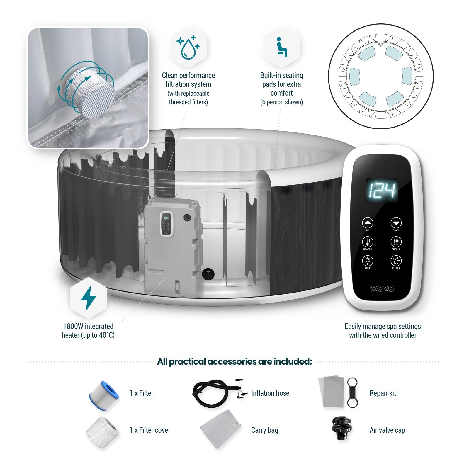 Atlantic | 4-Person Inflatable Hot Tub | Integrated Heater | Dark Grey - Wave Spas Europe