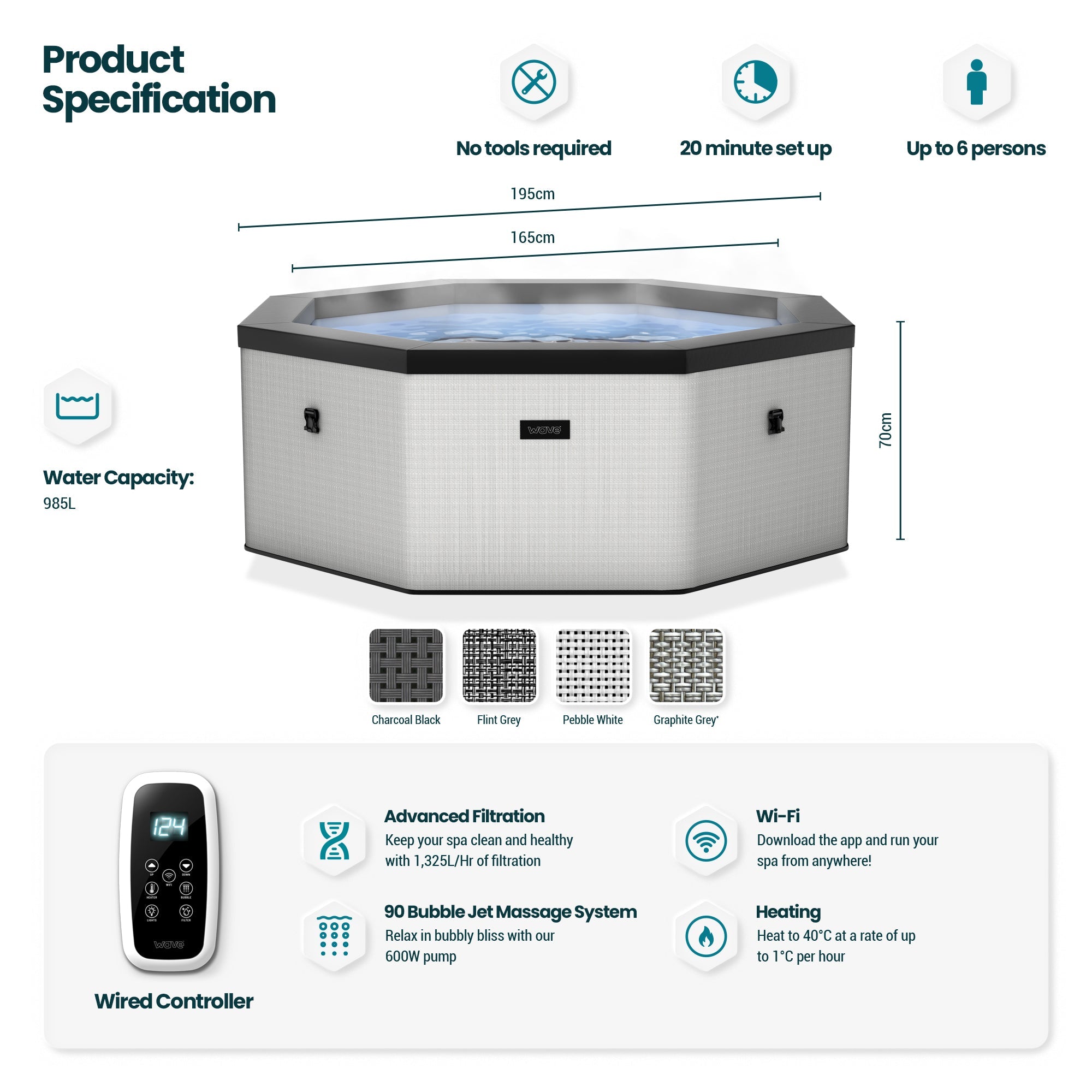 Como | 6-Person Eco Foam Hot Tub | Built-In Integrated Heater | Graphite Grey - Wave Spas Europe