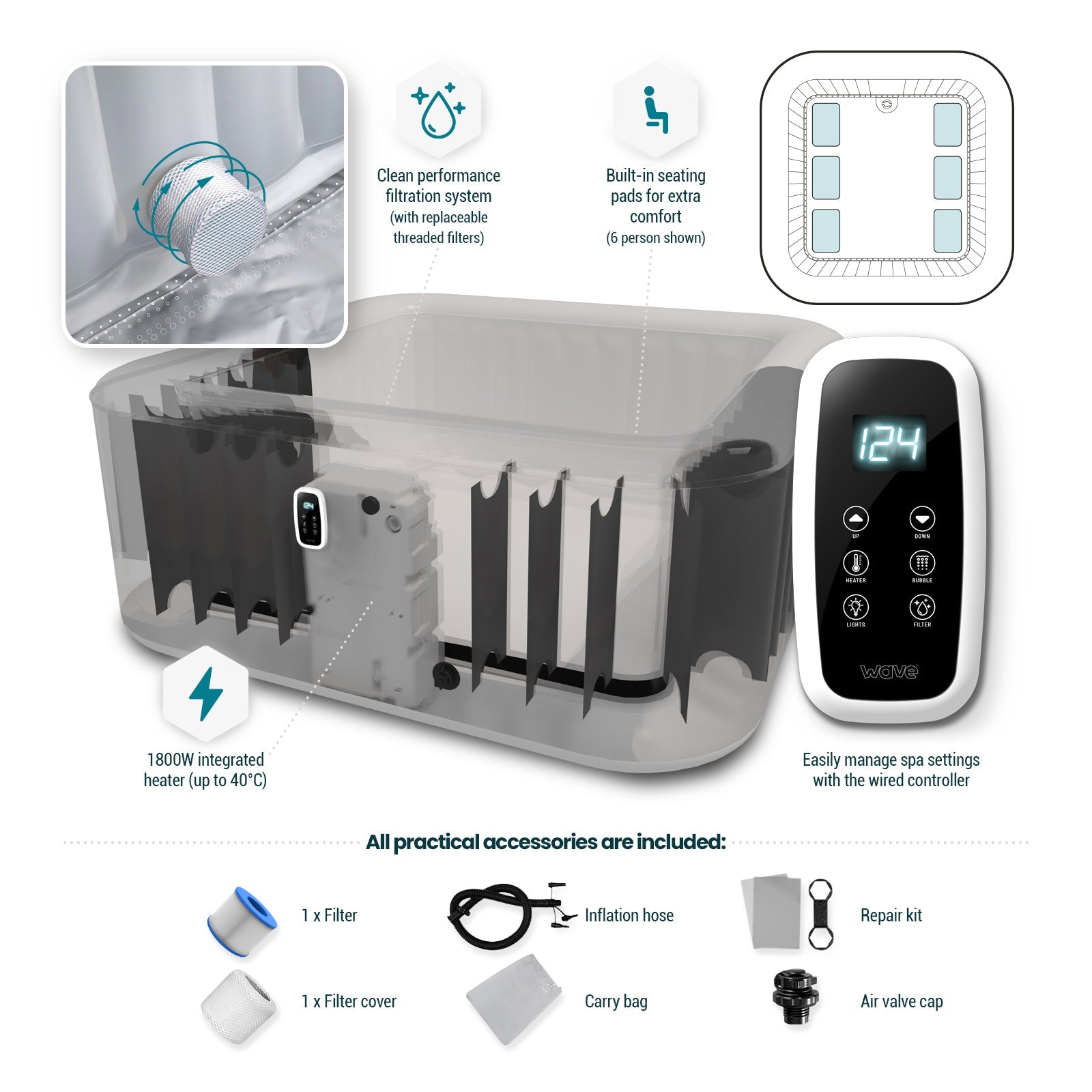 Pacific | 6-Person Inflatable Hot Tub | Integrated Heater | Sage - Wave Spas Europe