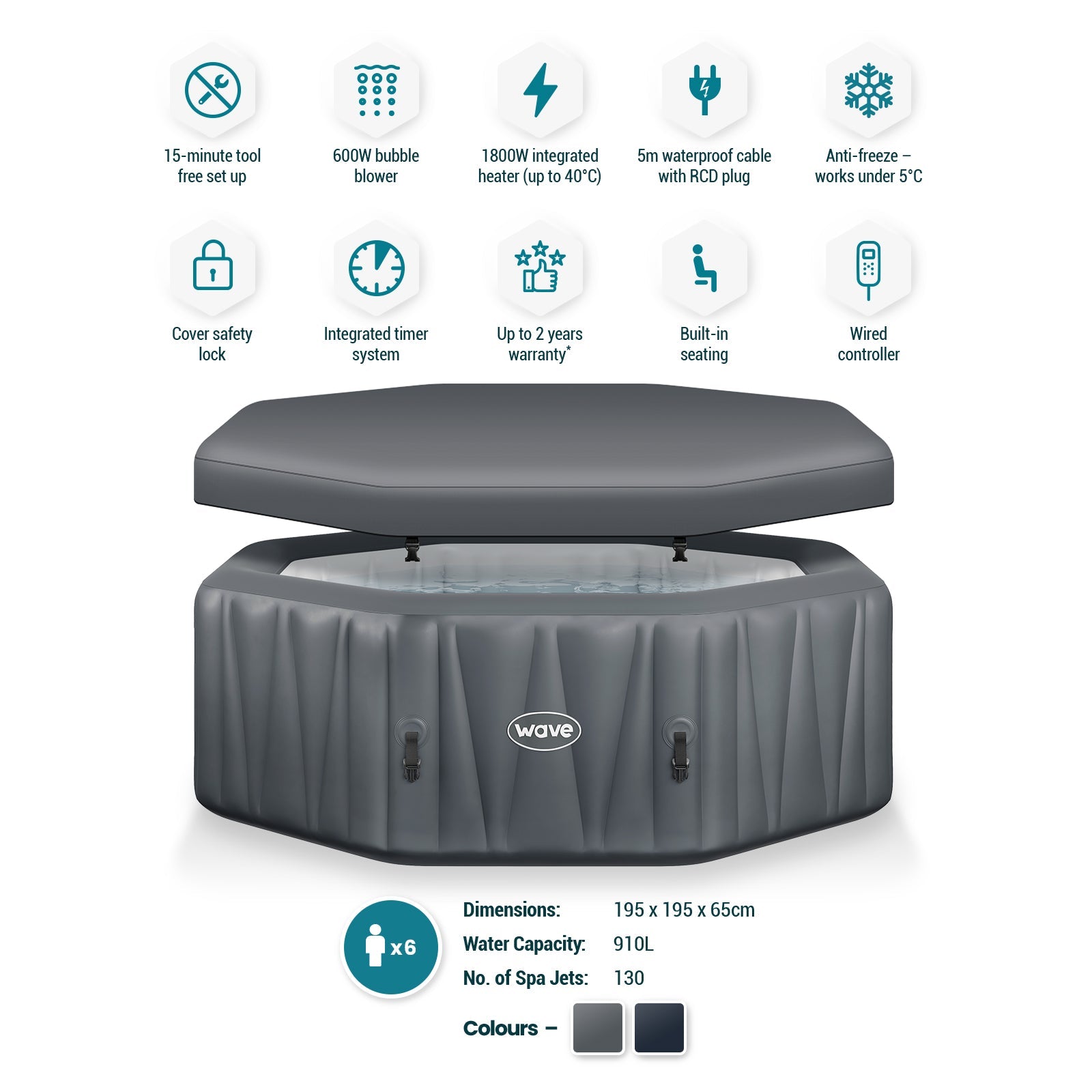 Aegean | 6 - Person Inflatable Hot Tub | Built - In Integrated Heater | Dark Grey - Wave Spas Europe