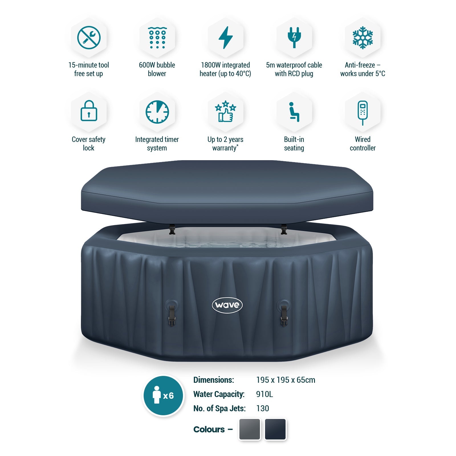 Aegean | 6 - Person Inflatable Hot Tub | Built - In Integrated Heater | Navy - Wave Spas Europe