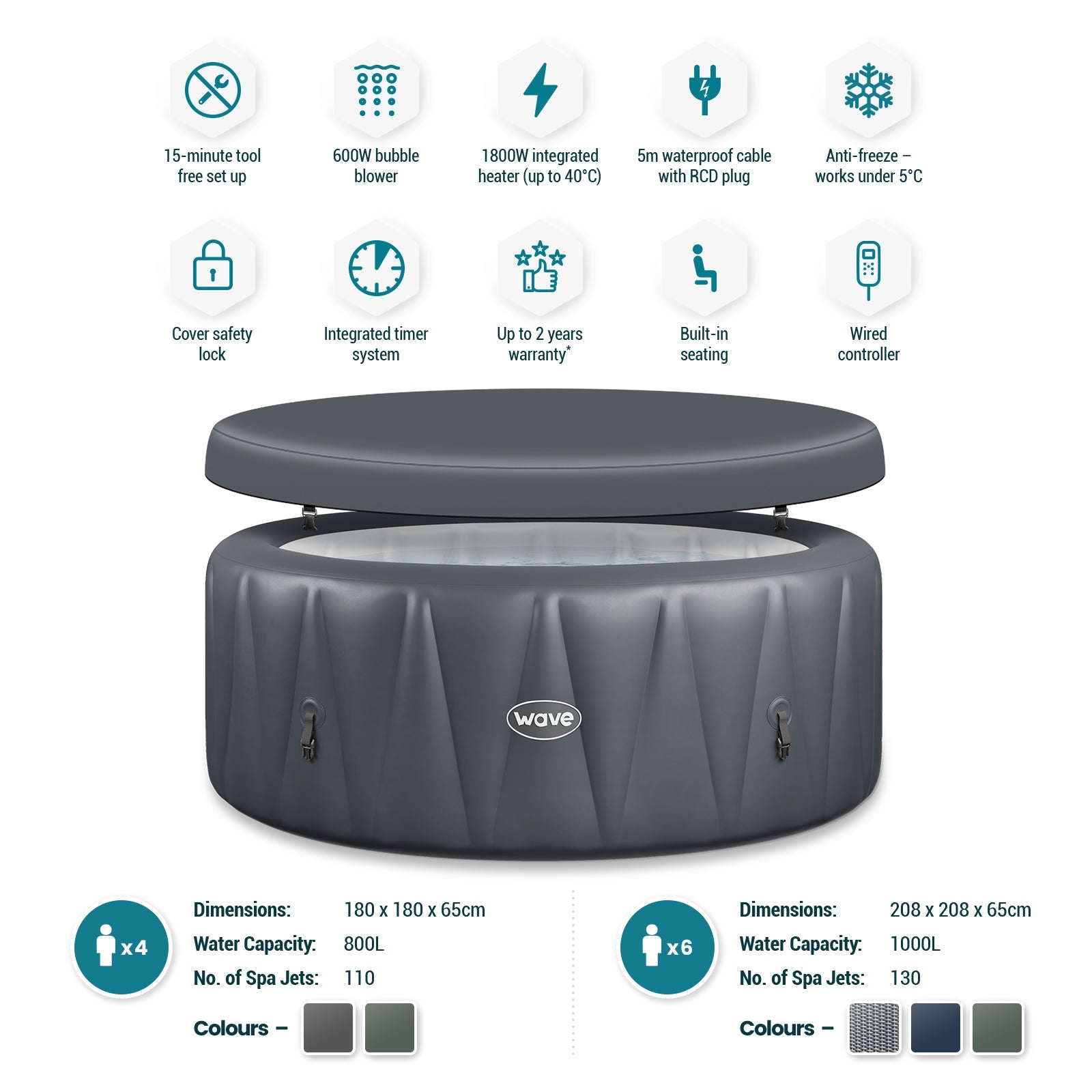 Atlantic | 4 - Person Inflatable Hot Tub | Integrated Heater | Dark Grey - Wave Spas Europe