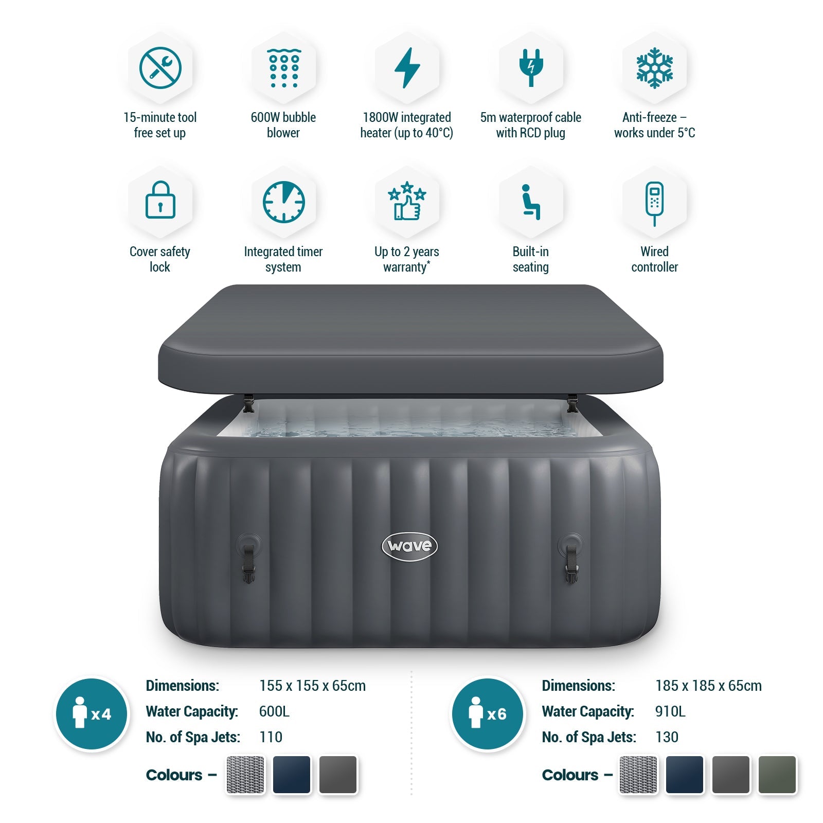 Pacific | 4/6 - Person Inflatable Hot Tub | Integrated Heater | Dark Grey - Wave Spas Europe