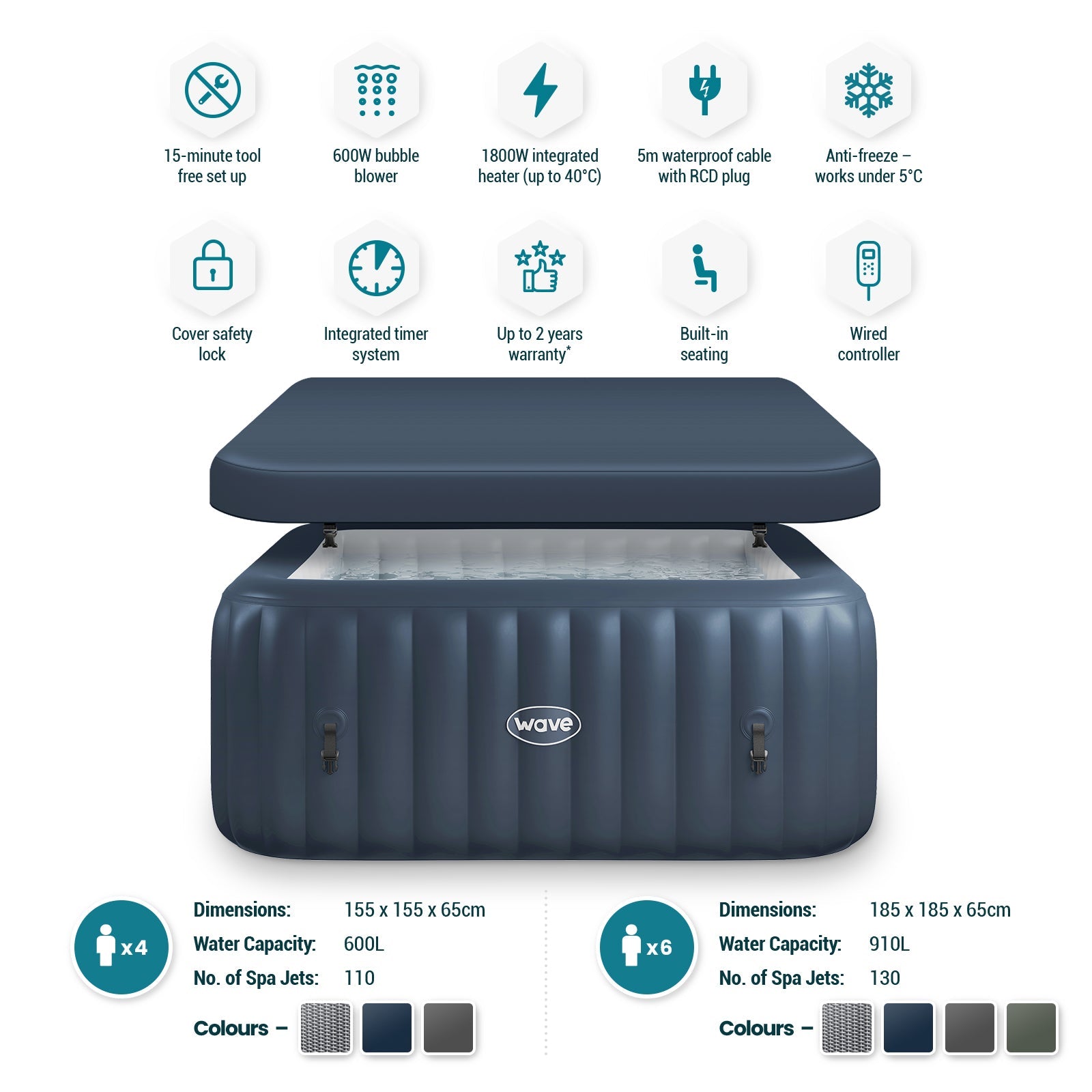 Pacific | 4/6 - Person Inflatable Hot Tub | Integrated Heater | Navy - Wave Spas Europe