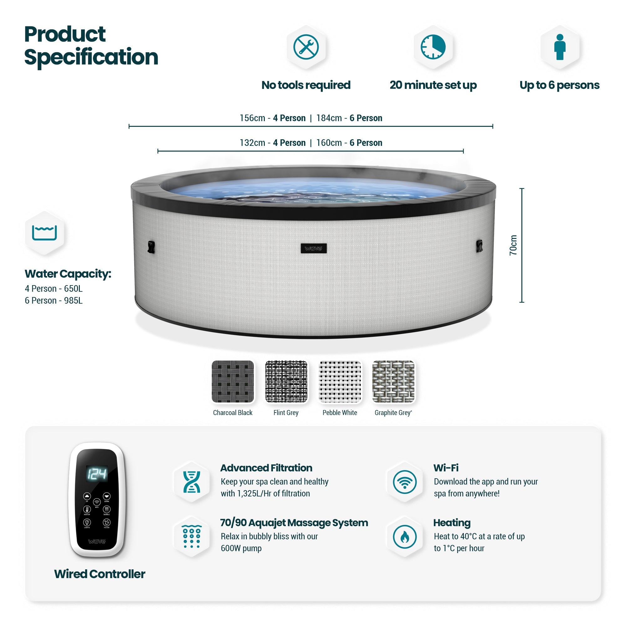 Tahoe v2 | 4/6-Person Eco Foam Hot Tub | Integrated Heater | Pebble White - Wave Spas Europe